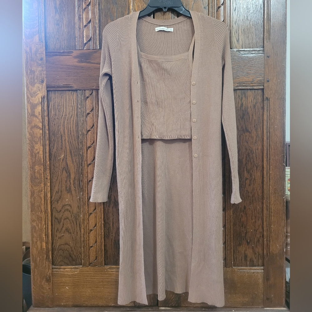 A&F Brown Ribbed Knit Longline Cardigan and Crop Tank Set